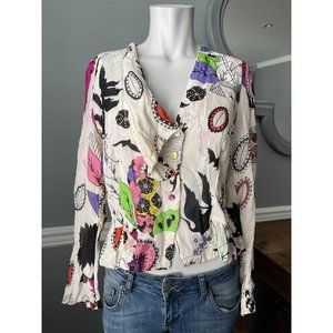 CHACOK Printed Silk V Neck Button Front Blouse - 2
